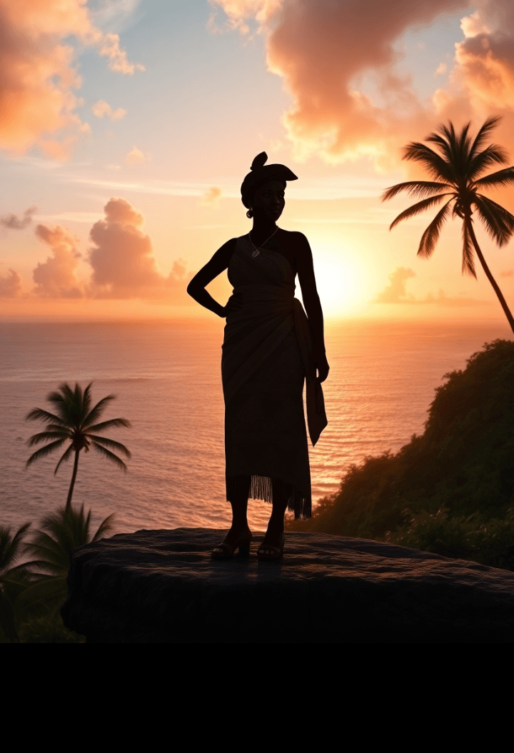 Strong woman silhouette against tropical sunset, symbolizing the journey from darkness to light